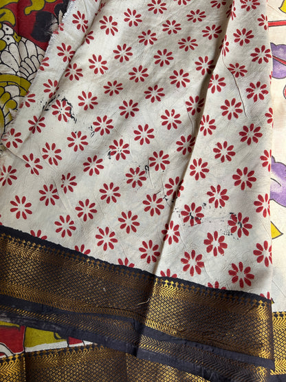 Beige lotus chennur silk kalamkari saree with Nizam border