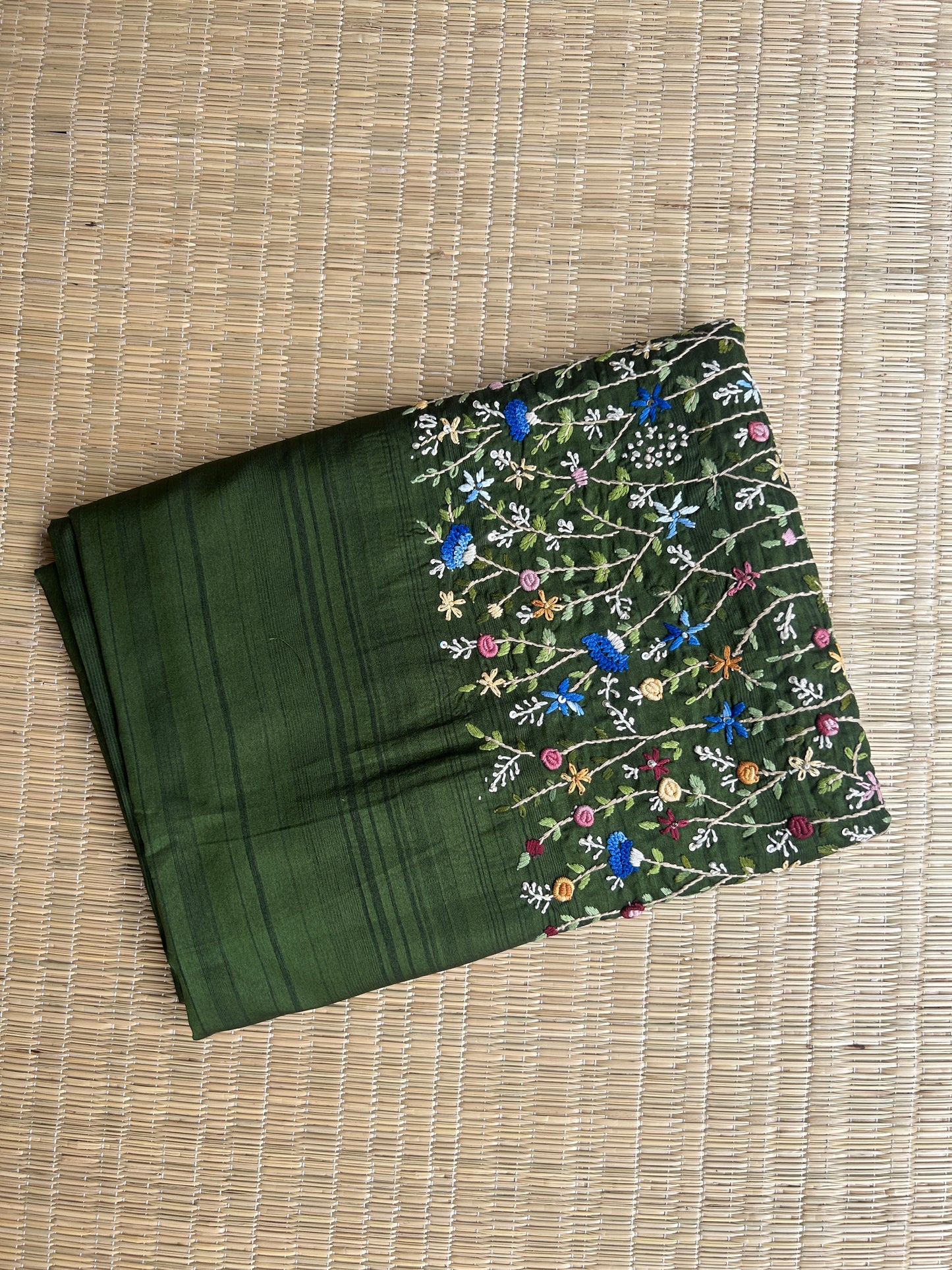 Bottle green floral soft Tussar saree - hand embroidery