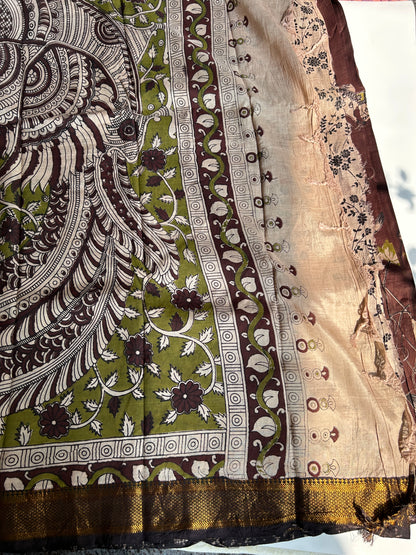 Chocolate brown chennur silk kalamkari saree with Nizam border