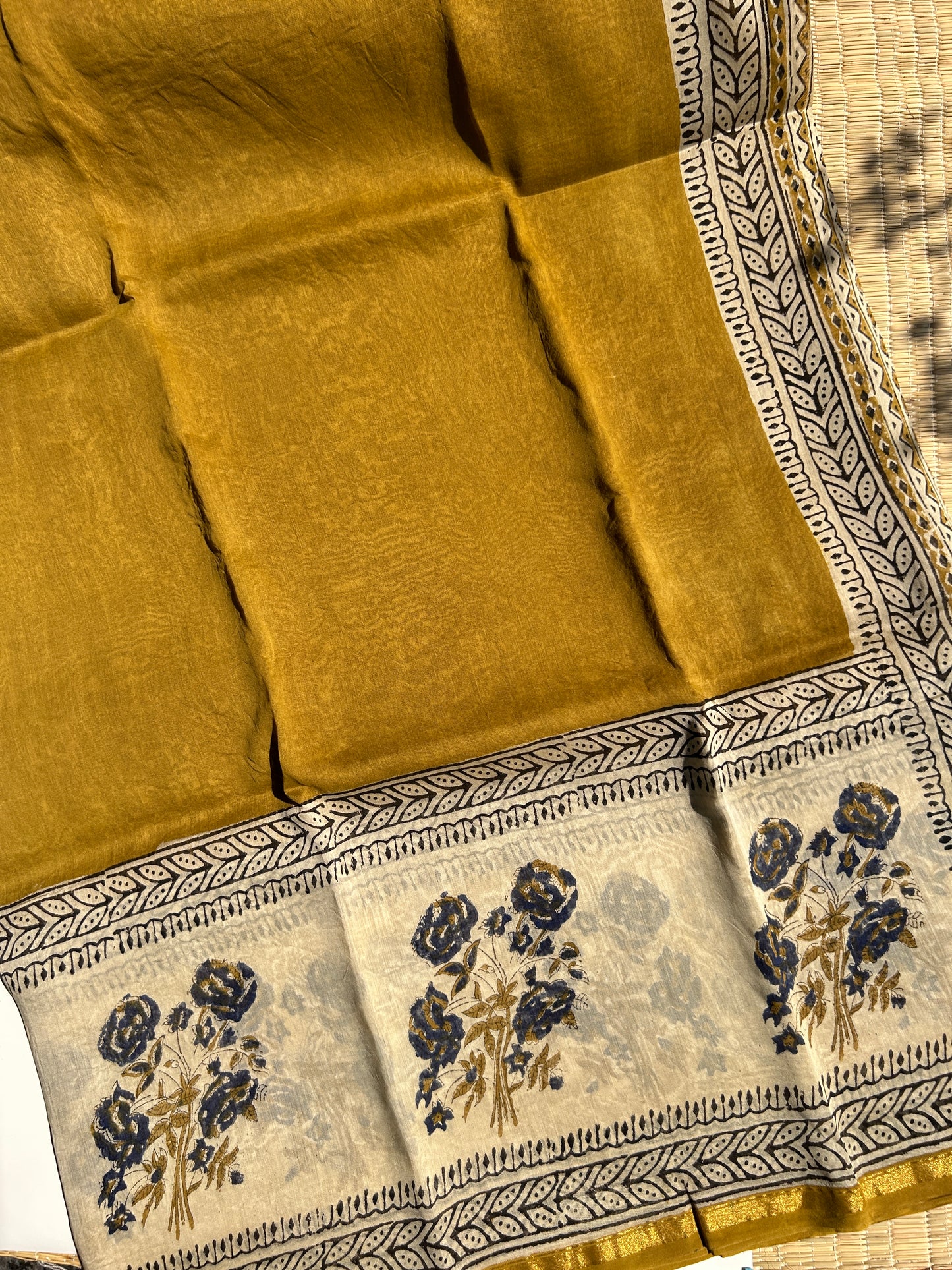 Methi yellow Chanderi silk saree with florals