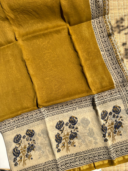 Methi yellow Chanderi silk saree with florals