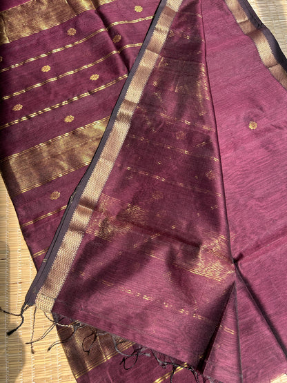 Brown Maheshwari handloom saree with flower motifs