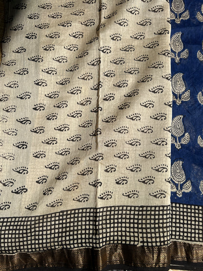 Blue Maheshwari silk saree with white motifs