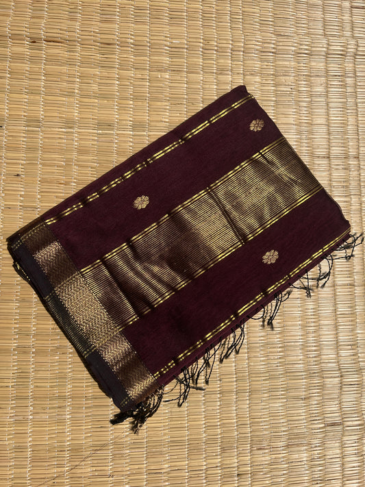 Brown Maheshwari handloom saree with flower motifs