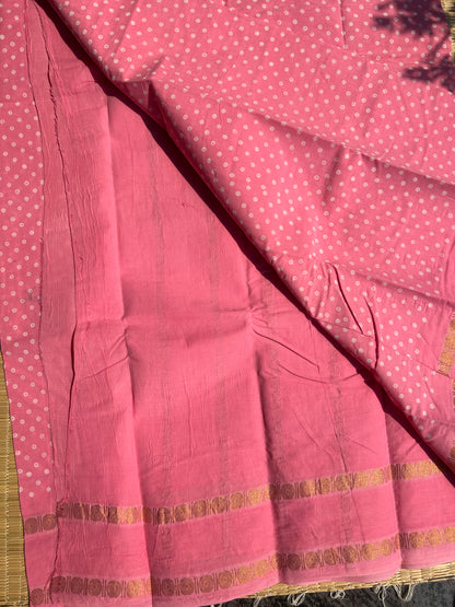 Baby pink 120 count wax sungudi cotton saree (single dot)