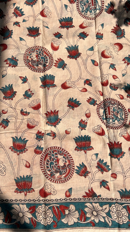 Beige floral kalamkari pure cotton saree-2