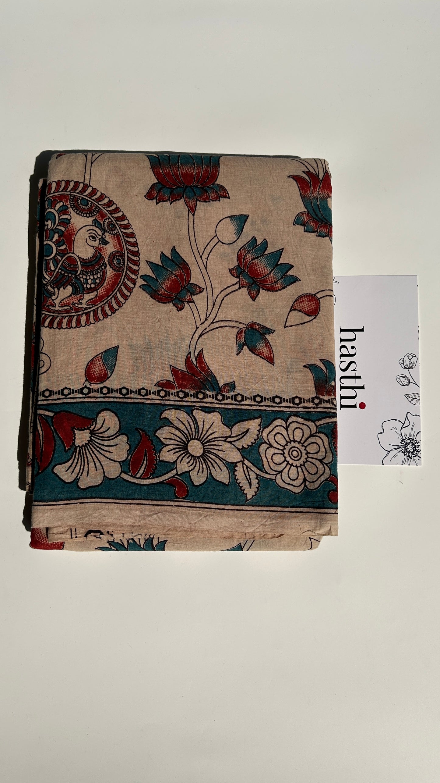Beige floral kalamkari pure cotton saree-2
