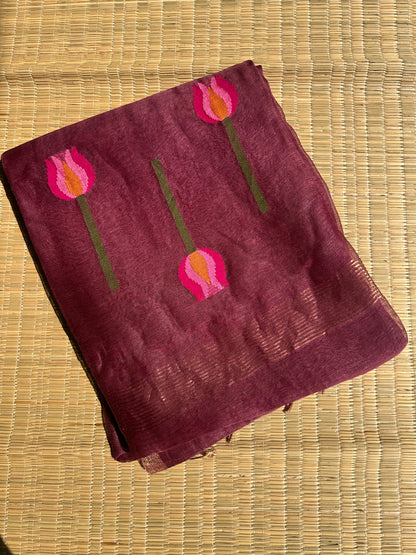 Wine silk linen jamdani saree with lotus motifs
