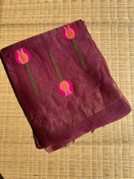 Wine silk linen jamdani saree with lotus motifs