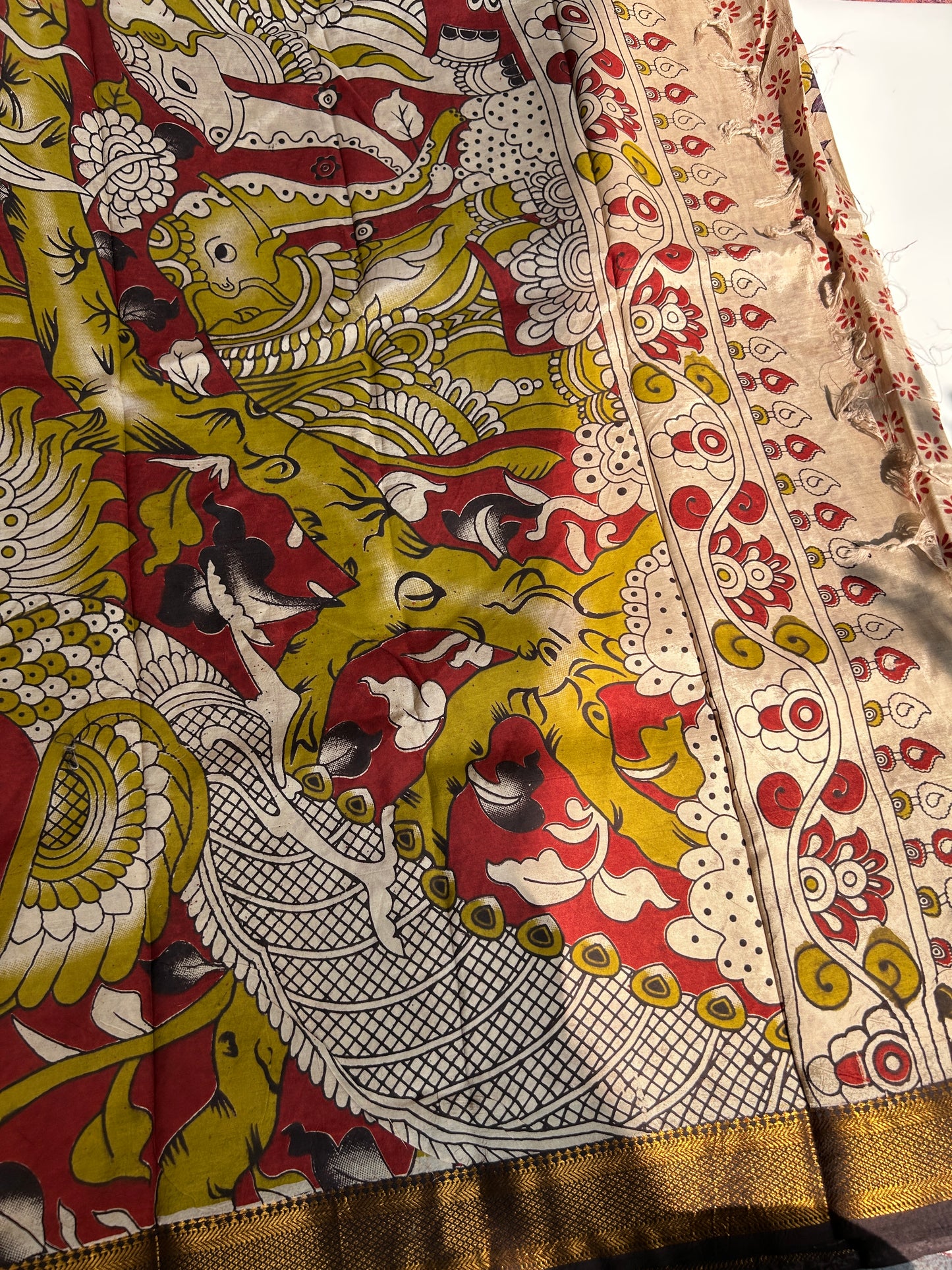 Beige lotus chennur silk kalamkari saree with Nizam border