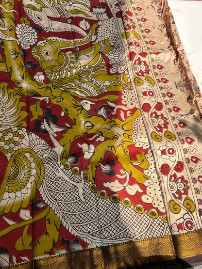 Beige lotus chennur silk kalamkari saree with Nizam border
