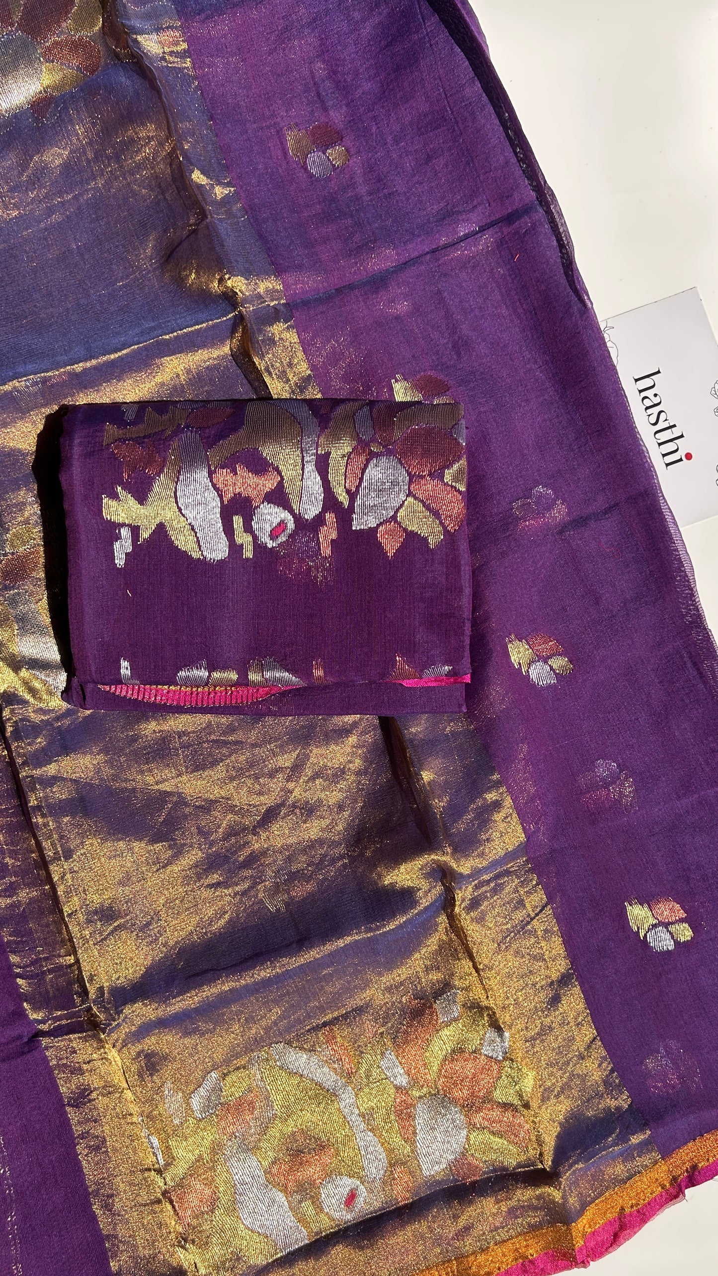 Purple paithani muslin jamdani 2pc set - unstitched
