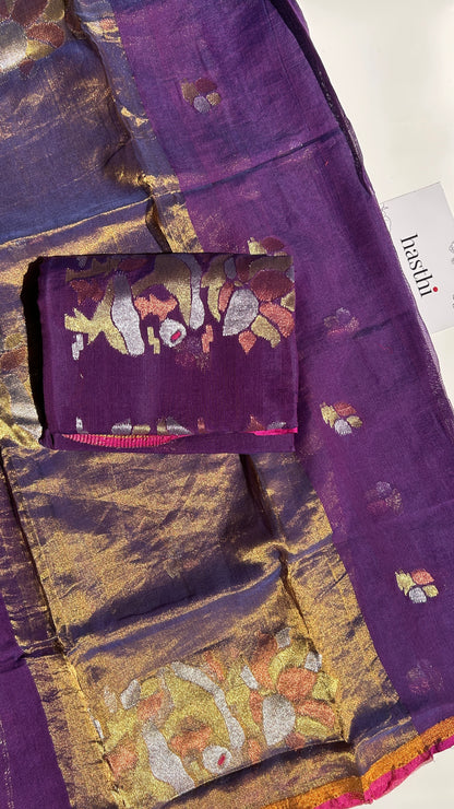 Purple paithani muslin jamdani 2pc set - unstitched