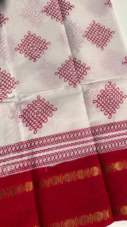 White & red Madurai sungudi cotton saree with kolam motif
