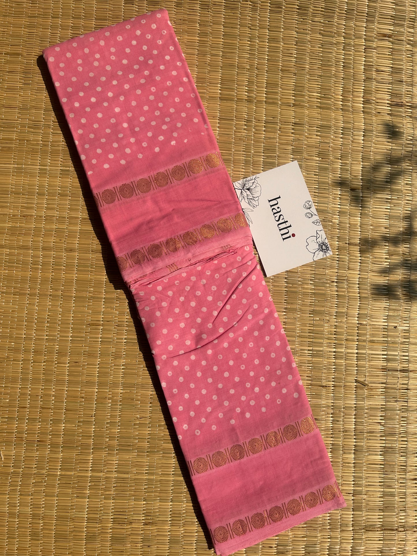 Baby pink 120 count wax sungudi cotton saree (single dot)