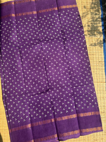 Purple 120 count wax sungudi cotton saree (three dot)