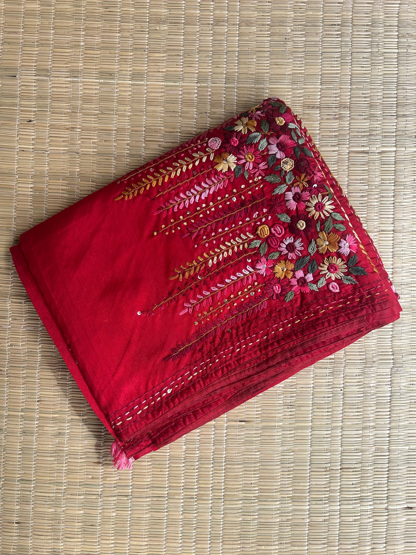 Red floral soft Tussar saree - hand embroidery