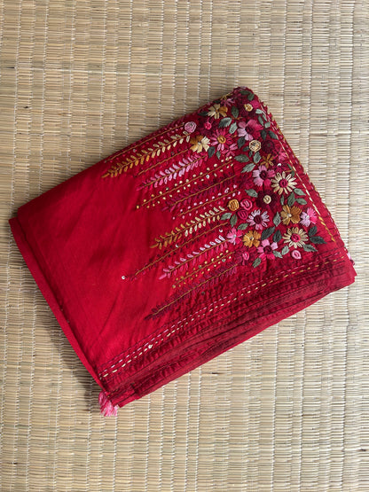 Red floral soft Tussar saree - hand embroidery