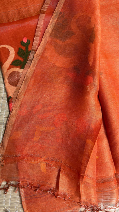 Orange silk linen jamdani saree with swan motifs - with handloom mark