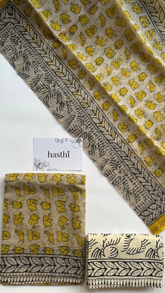 Yellow elephant kota doria suit set - unstitched