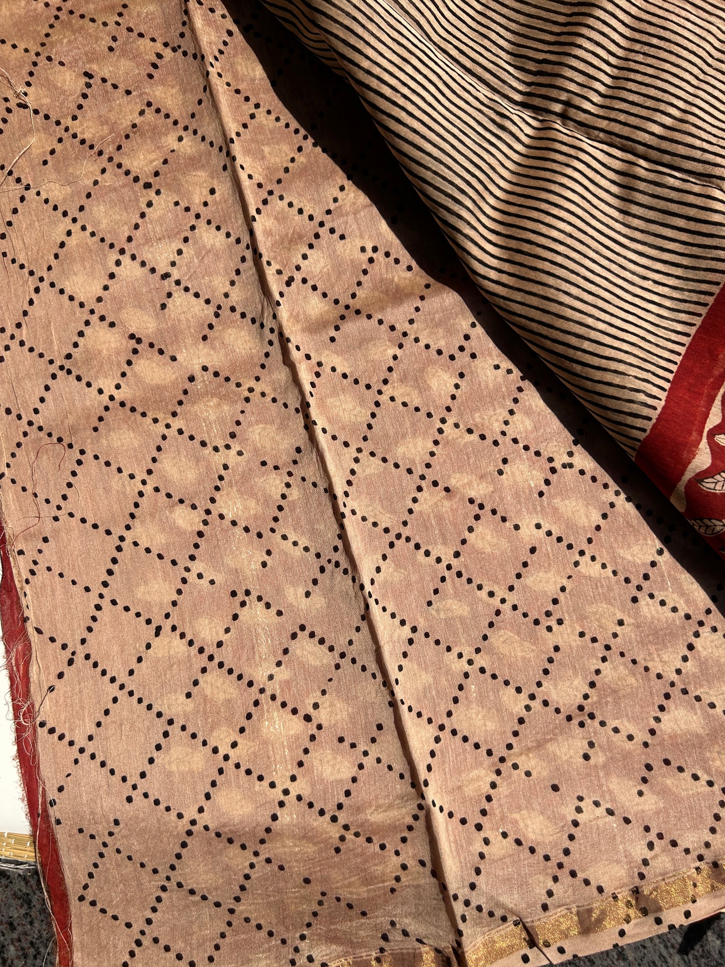 Cream Chanderi silk saree with black stripes and red border