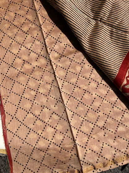 Cream Chanderi silk saree with black stripes and red border