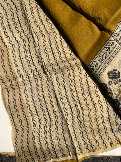 Methi yellow Chanderi silk saree with florals