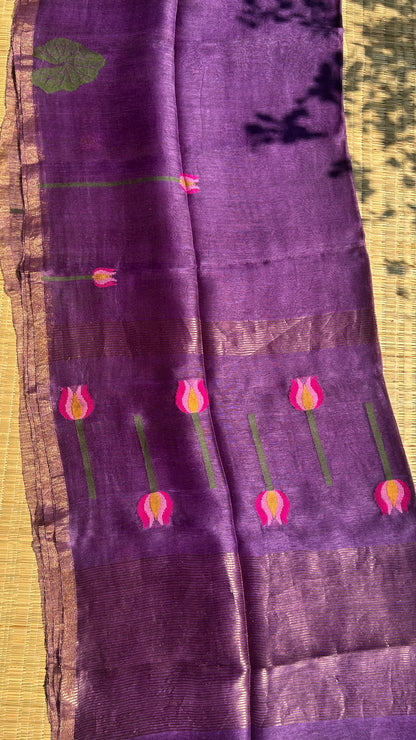 Purple silk linen jamdani saree with lotus motifs