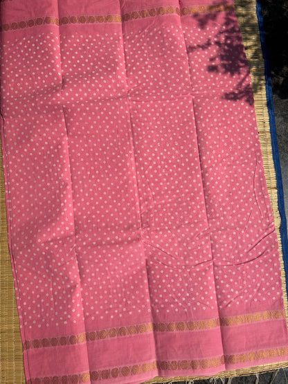 Baby pink 120 count wax sungudi cotton saree (single dot)