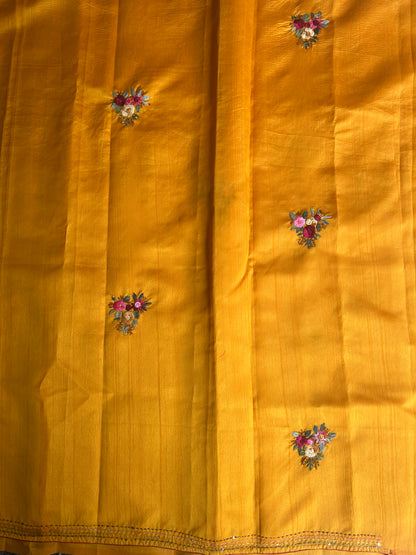Yellow floral soft Tussar saree - hand embroidery