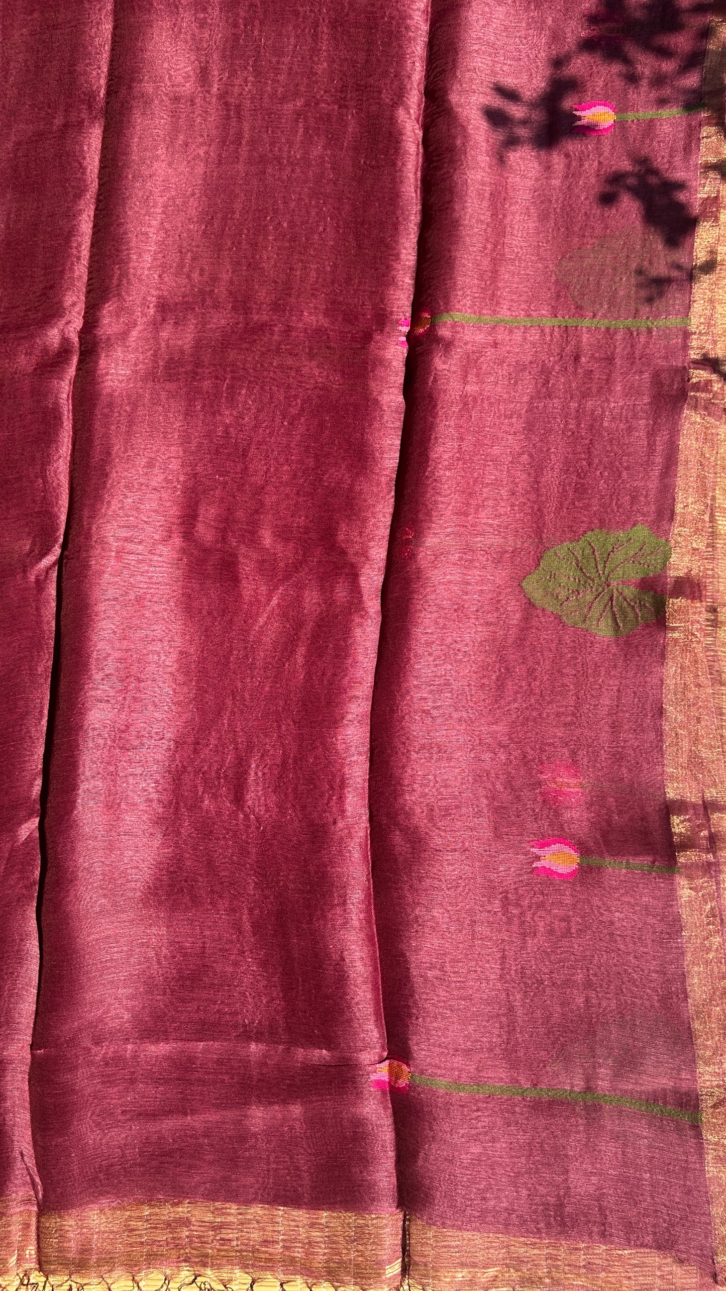 Wine silk linen jamdani saree with lotus motifs