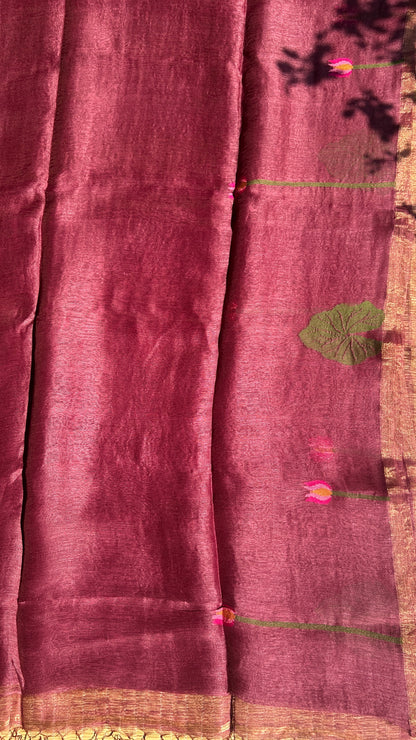 Wine silk linen jamdani saree with lotus motifs