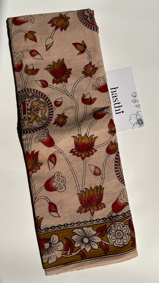 Beige floral kalamkari pure cotton saree-1