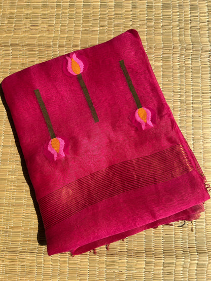 Pink silk linen jamdani saree with lotus motifs