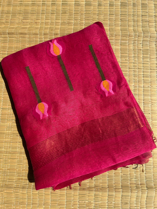 Pink silk linen jamdani saree with lotus motifs