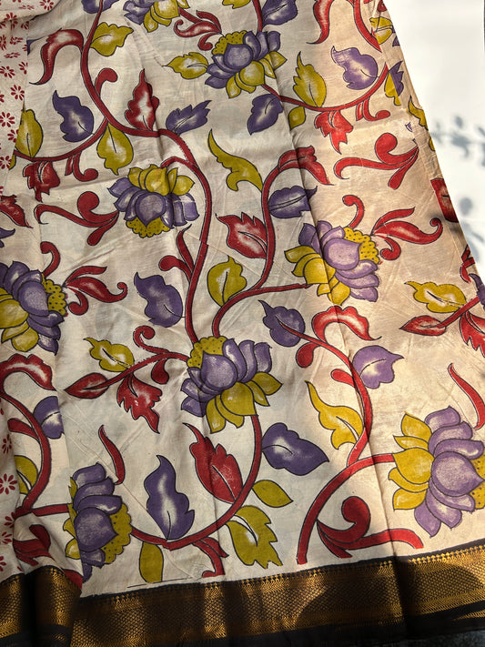 Beige lotus chennur silk kalamkari saree with Nizam border