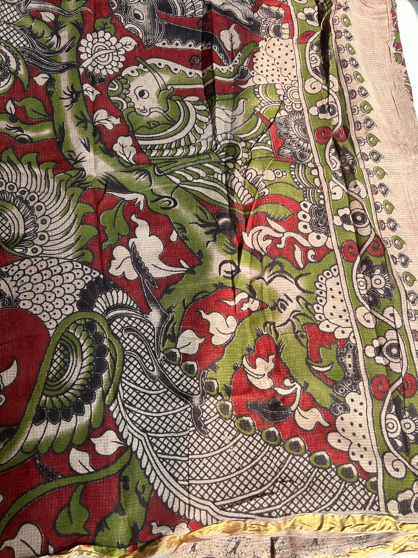 Green and red floral kalamkari kota cotton saree
