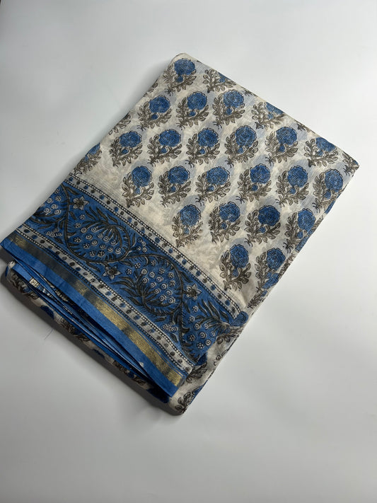 White Chanderi silk saree with blue florals