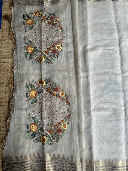 Pure linen chanderi saree with mirror work blouse - hand embroidery - 3