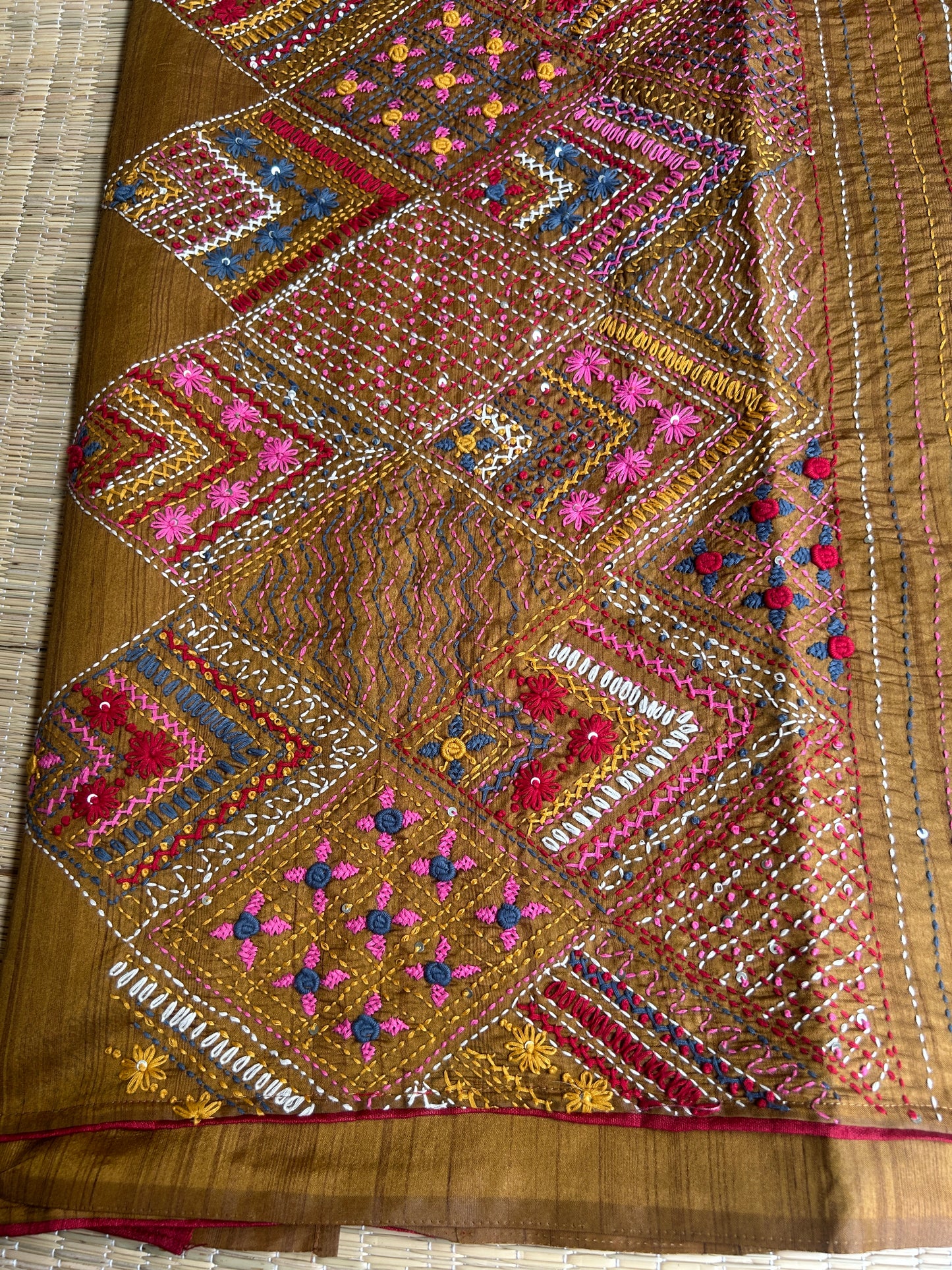 Methi Yellow floral soft Tussar saree - hand embroidery
