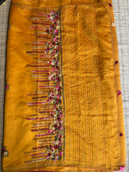 Yellow floral soft Tussar saree - hand embroidery