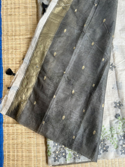 Pure linen chanderi saree with cutdana work & mirror work - hand embroidery - 1