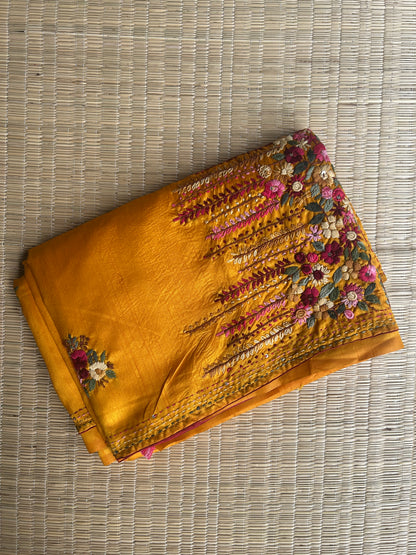 Yellow floral soft Tussar saree - hand embroidery
