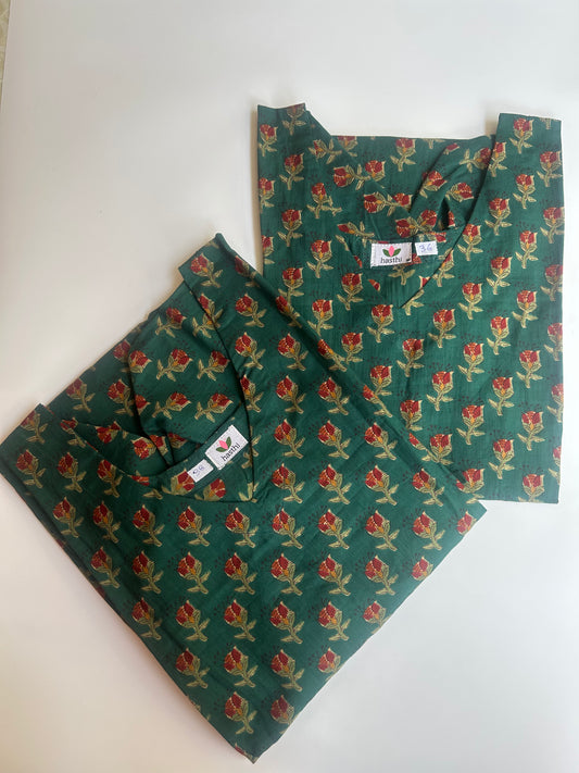 Green corset kurti with rose motifs