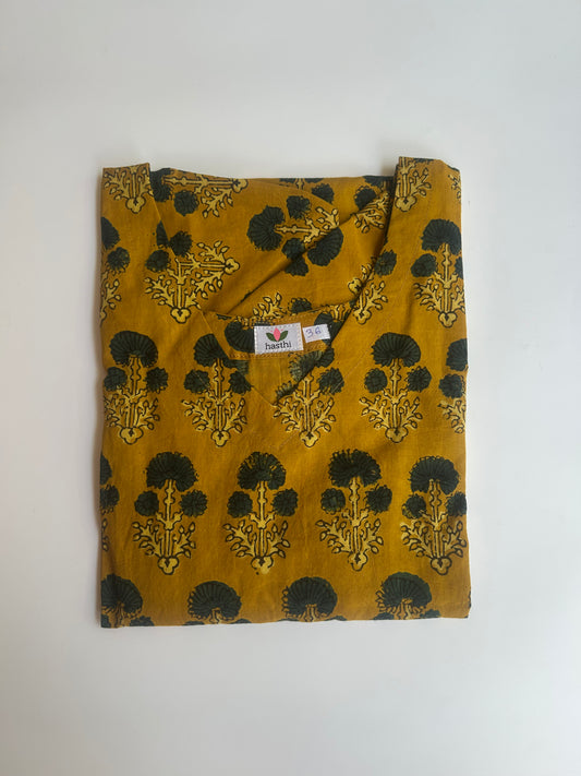 Mustard yellow corset kurti with floral motifs