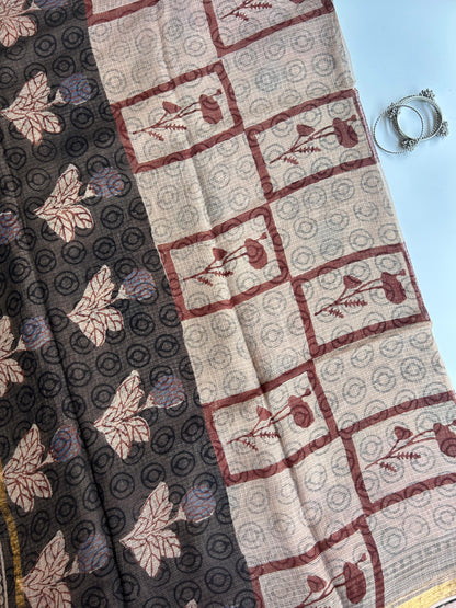 Rosy brown Ajrakh motif kota doria saree