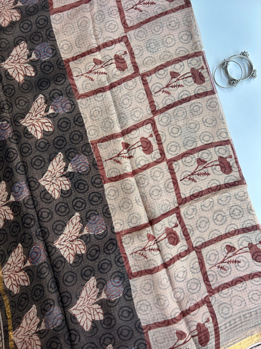 Rosy brown Ajrakh motif kota doria saree