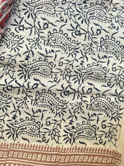 Charcoal black blockprint mul cotton saree